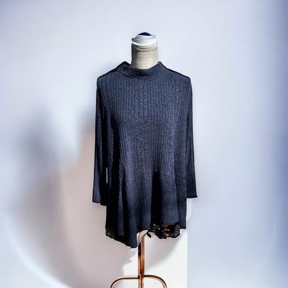 🌻Habitat Boho Lagenlook Relaxed Ribbed Knit Mock Neck Long Sleeve Top Size L - Picture 2 of 9